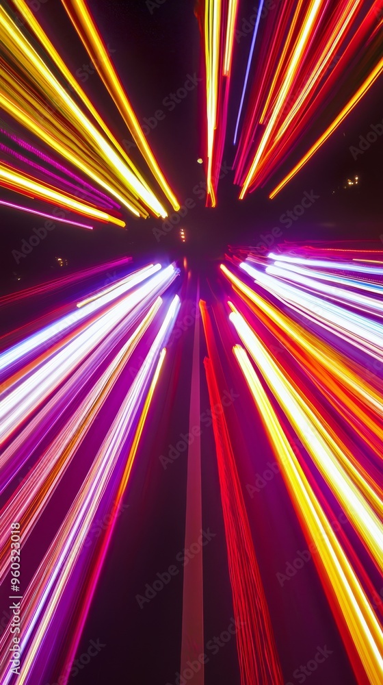 Aufkleber Bright and colorful light trails streak through the darkness, creating a dynamic and futuristic abstract pattern of vibrant colors and motion..