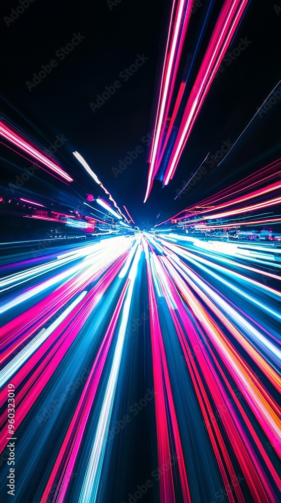 Aufkleber Bright and colorful light trails streak through the darkness, creating a dynamic and futuristic abstract pattern of vibrant colors and motion..