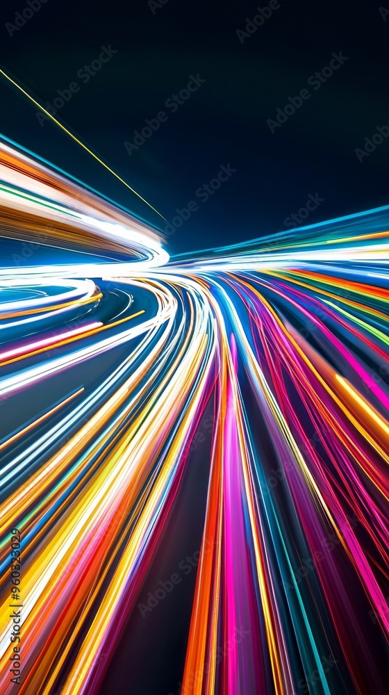 Aufkleber Bright and colorful light trails streak through the darkness, creating a dynamic and futuristic abstract pattern of vibrant colors and motion..