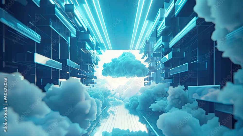 Poster a futuristic tunnel with glowing lines and soft clouds, creating a surreal digital landscape reflect