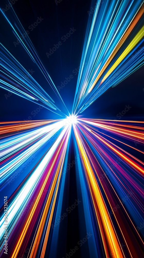 Aufkleber Bright and colorful light trails streak through the darkness, creating a dynamic and futuristic abstract pattern of vibrant colors and motion..