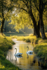 Fototapeta premium A peaceful landscape with gently rolling grassy hills, a small creek meandering through the center, and tall trees swaying in the breeze of nature 