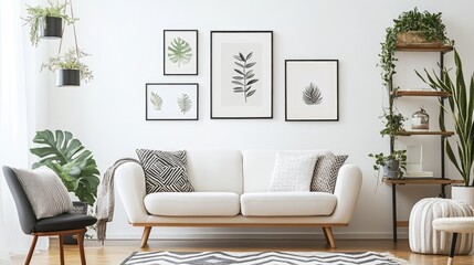 White wall with a set of contemporary picture frames, creating a gallery-like atmosphere in a living room. -