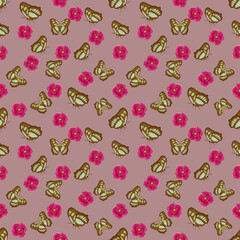 Pink Blooms and Brown Butterflies A Soft and Dreamy Floral-Insect Harmony on a Pastel Background seamless pattern vector illustration for wallpaper, textiles, fabric and designer packaging.