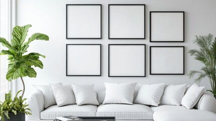 White wall with a set of contemporary picture frames, creating a gallery-like atmosphere in a living room. -