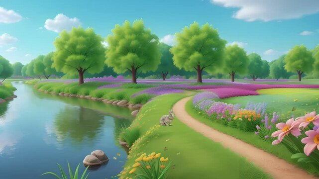 A small river in the middle of the park during summer. Seamless 4K looping timelapse video animation background