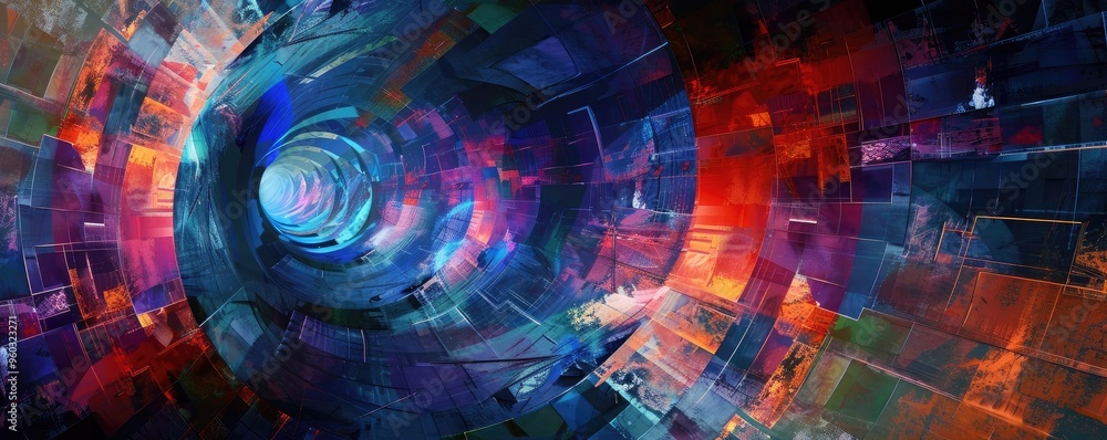 Poster abstract digital tunnel in vibrant colors featuring dynamic patterns and swirling designs that evoke