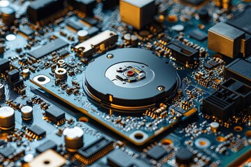 Obraz premium Close-up view of a circuit board. This photo is perfect for illustrating technology, electronics, and innovation.