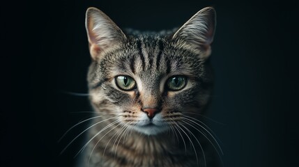 A realistic cat with beautiful eyes facing the camera in a black background.