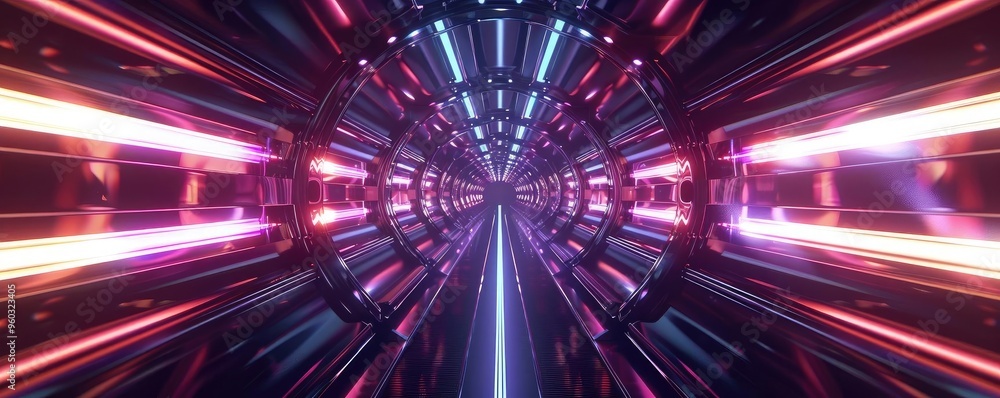 Poster a futuristic tunnel with vibrant neon lights and digital patterns, evoking a sense of speed and tech