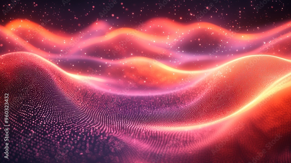 Poster vibrant abstract waves of light and color move dynamically in a futuristic digital landscape at twil
