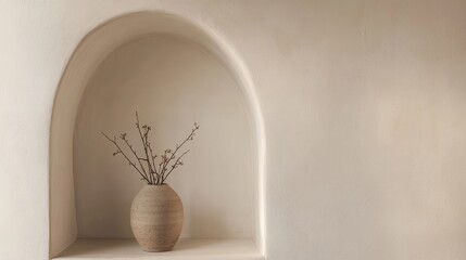 White wall with a small, arched niche, housing a delicate ceramic vase and adding architectural interest.