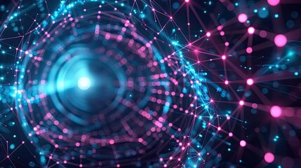 Obraz premium Abstract technology background featuring vibrant pink and blue lights interconnected in a dynamic digital space.