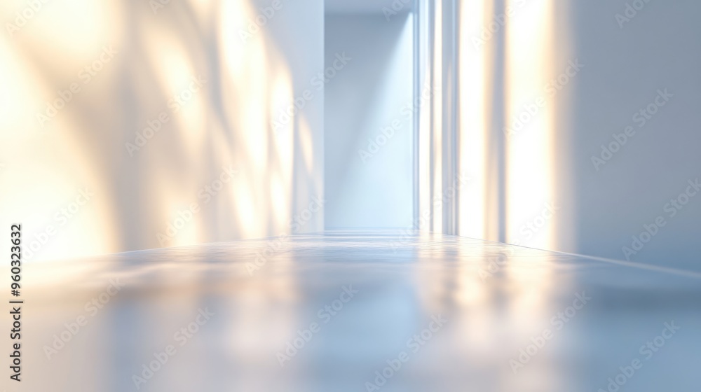 Poster white wall with abstract light reflections, creating a soft and dynamic background for presentations