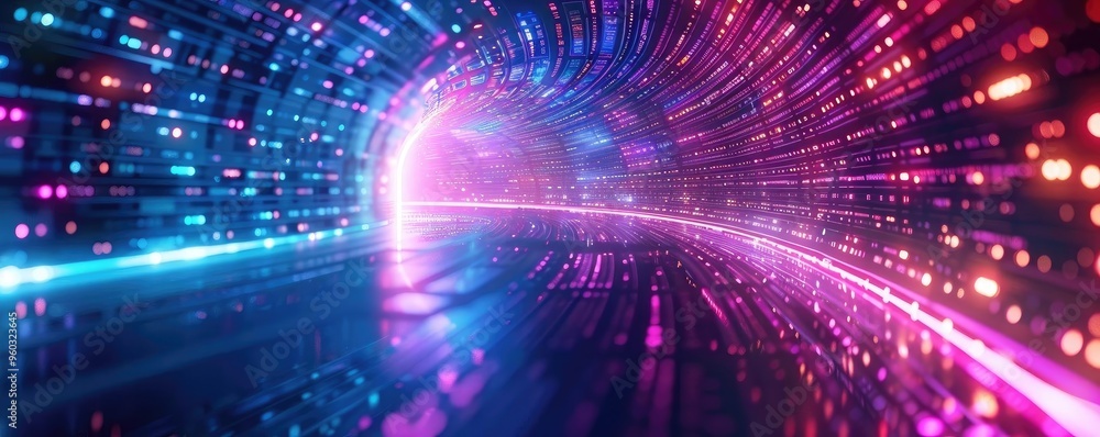 Poster vibrant and dynamic tunnel of light, showcasing a colorful blend of glowing patterns and digital eff