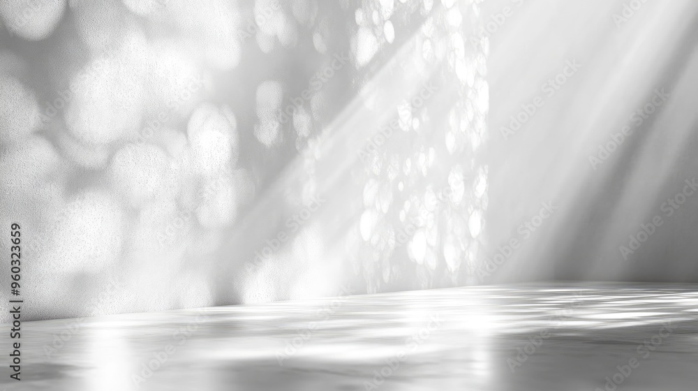 Poster white wall with abstract light reflections, creating a soft and dynamic background for presentations