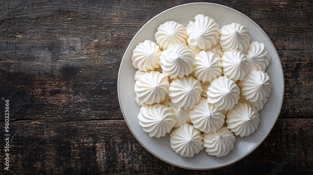 Canvas Prints elegant display of delicious white meringue cookies on a dark wooden table creates a tempting desser