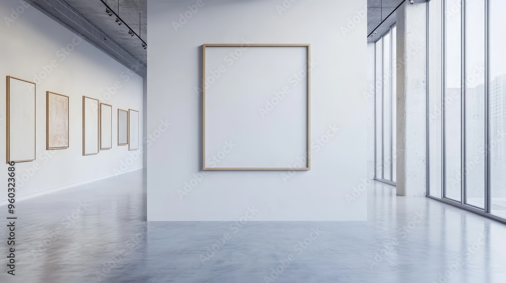 Poster white wall with an empty frame in the center, providing a blank canvas for artistic expression or de
