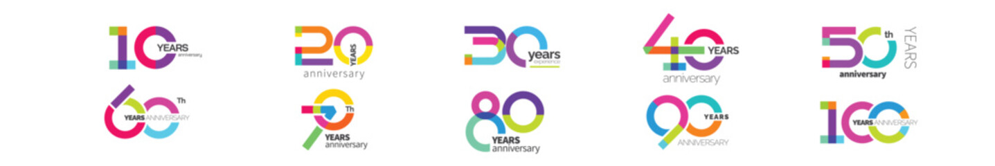Colorful Anniversary Logo Template Bundle. 10 - 100 th years