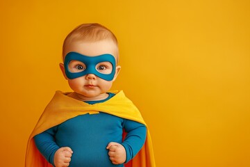 A baby wearing a blue superhero costume and a yellow cape