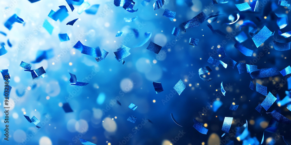 Poster blue confetti falling on a blue background with bokeh and copy space for design.