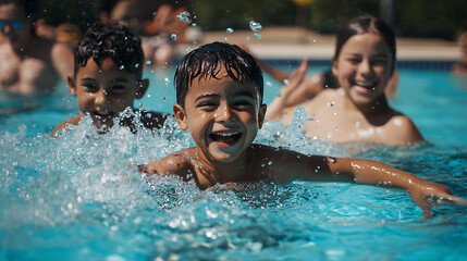Parents and children swimming together in a community pool, splashing and having fun 