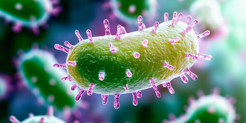 3D visual of Novel Coronavirus, Flu, SARS, and Monkeypox virus cells at a microscopic level. Banner with text space. Focus on viral infections, public health, and epidemic science