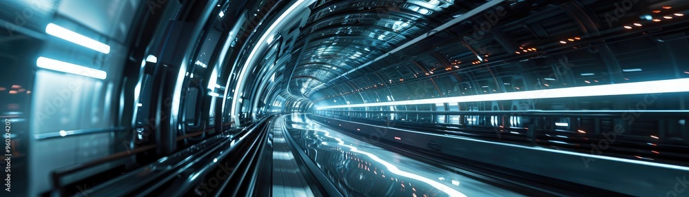 Poster futuristic tunnel showcasing vibrant lights and sleek design, creating a sense of speed and motion i