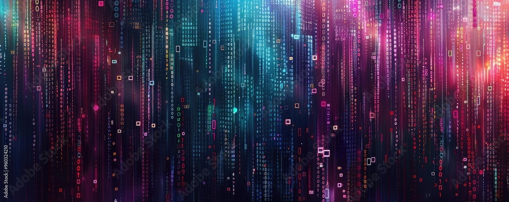 Poster a vibrant digital background featuring colorful vertical lines and glowing particles, perfect for te