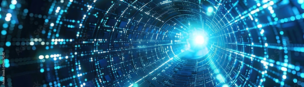 Poster a stunning visualization of light traveling through a digital tunnel, showcasing vivid colors and dy