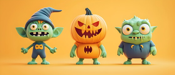 Obraz premium A vector set of 3 Halloween characters in 3d clay design, including a Zombie, a Goblin with the silly face, and an cute Ogre, adorable and festive, isolated on a clean pastel color background