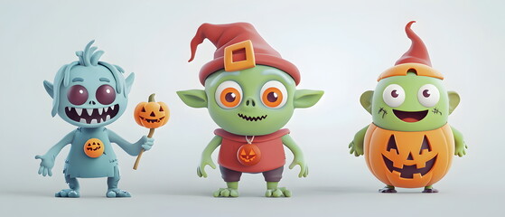 Naklejka premium A vector set of 3 Halloween characters in 3d clay design, including a Zombie, a Goblin with the silly face, and an cute Ogre, adorable and festive, isolated on a clean pastel color background