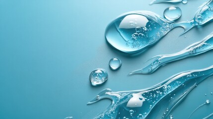 Liquid gel drops on blue background. Use for website banners, social media posts, or beauty product ads.