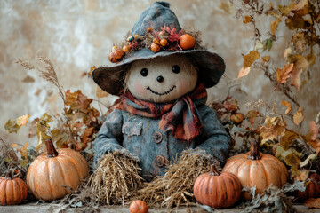A festive scarecrow dressed in autumn colors, surrounded by pumpkins and cornstalks, set against a pastel beige background,