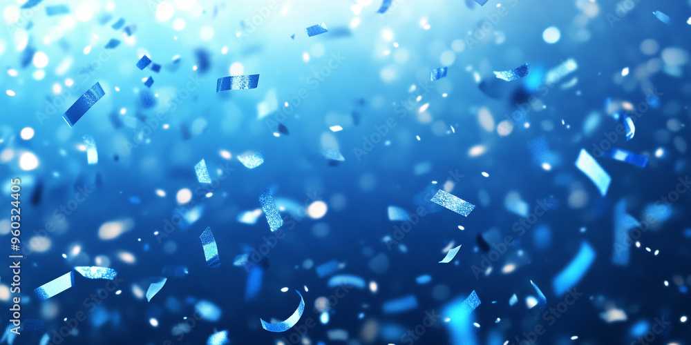 Poster blue confetti falling on a blue background with bokeh and copy space for design.
