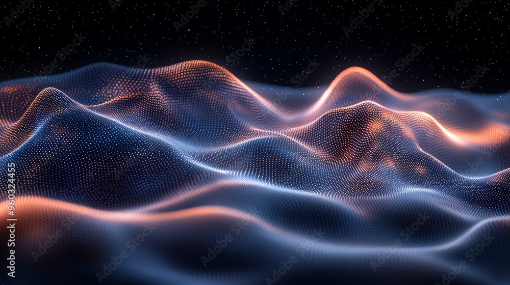 Poster Abstract visualization of wave-like patterns illuminated by soft orange and blue light against a dark background