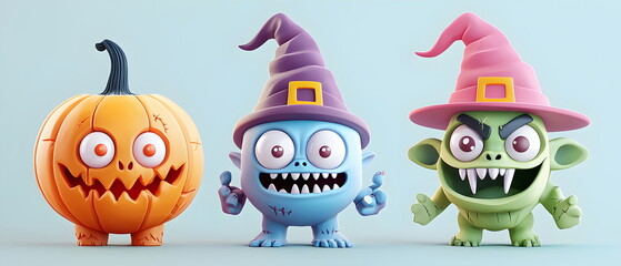 A vector set of 3 Halloween characters in 3d clay design, including a Zombie, a Goblin with the silly face, and an cute Ogre, adorable and festive, isolated on a clean pastel color background