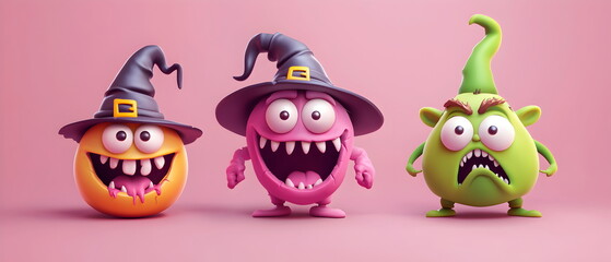 Obraz premium A vector set of 3 Halloween characters in 3d clay design, including a Zombie, a Goblin with the silly face, and an cute Ogre, adorable and festive, isolated on a clean pastel color background