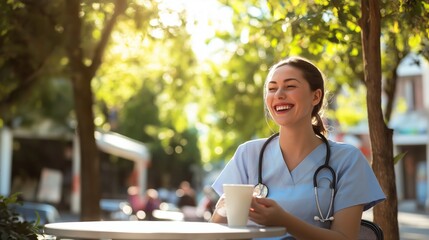 Serene Nurse Enjoying Coffee Break Outdoors - Calm Healthcare Professional at Cafe Table