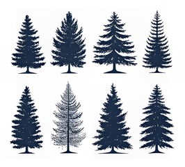 Obraz premium Collection of eight diverse pine tree silhouettes on a white background.