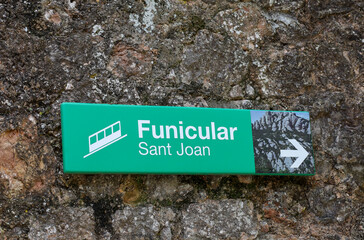 The Funicular Sant Joan sign at Montserrat in Catalonia, Spain.