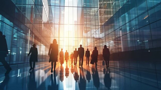 Striving for Success: Silhouettes of business professionals stride purposefully towards a radiant future, embodying ambition and determination in the corporate world. 