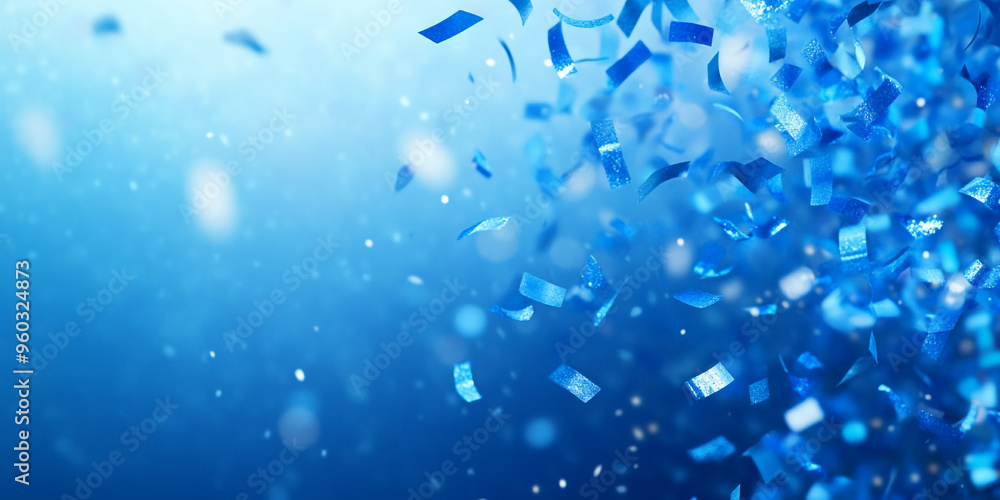 Poster blue confetti falling on a blue background with bokeh and copy space for design.