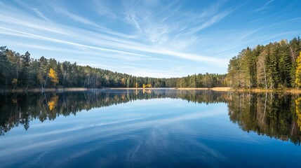 tranquil lake reflecting surrounding forest and blue sky scenic landscape photography