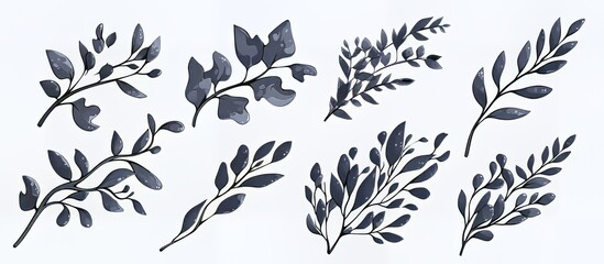 Fototapeta premium A collection of hand-drawn gray leaves and branches on a light background.