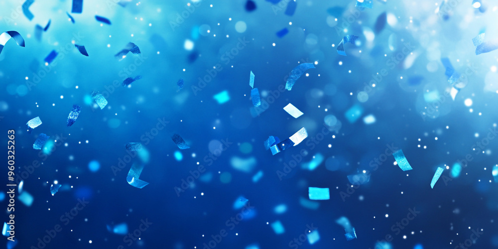 Poster blue confetti falling on a blue background with bokeh and copy space for design.