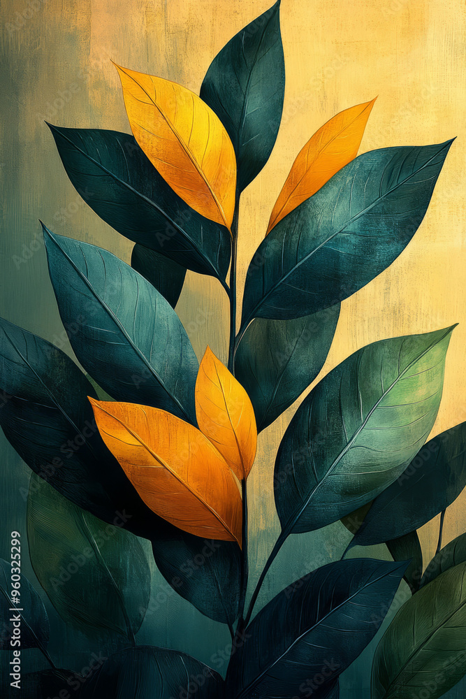 Poster abstract leaf shapes with sharp edges in alternating pastel green and yellow tones, forming a layere