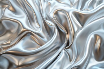 Close-up of a smooth, metallic silver fabric with intricate folds and soft reflections, showcasing a luxurious and elegant texture.