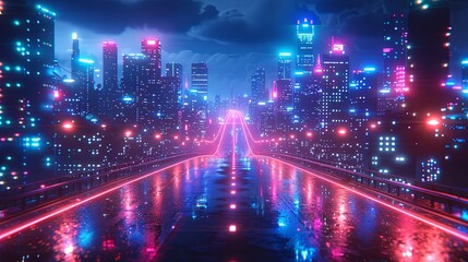 Fototapeta premium Bright neon night in a cyberpunk city. Photorealistic 3d illustration of the futuristic city. Empty street with blue neon lights