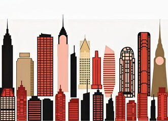Obraz premium Stylized skyline illustration showcasing iconic buildings in bold red and black hues.